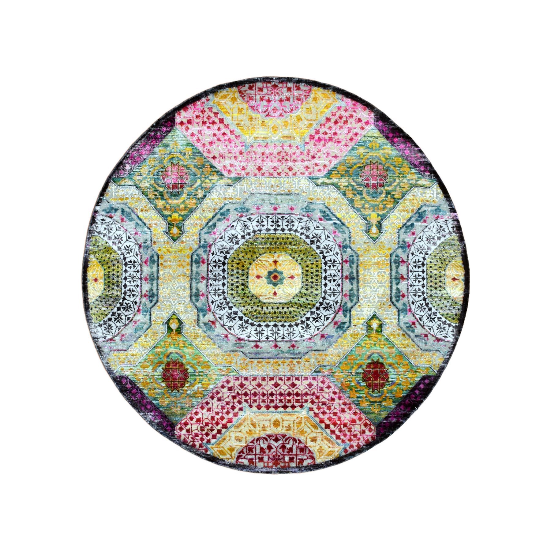 Golden Yellow with Pink, Hand Knotted, Colorful Mamluk Design, Sari Silk with Textured Wool, Round, Oriental Rug